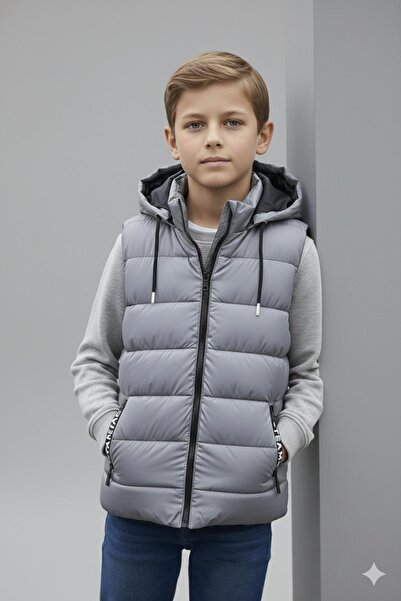 ASYAKİDS CLUB Boy's Hooded Printed Lined Seasonal Puffer Vest with Pockets