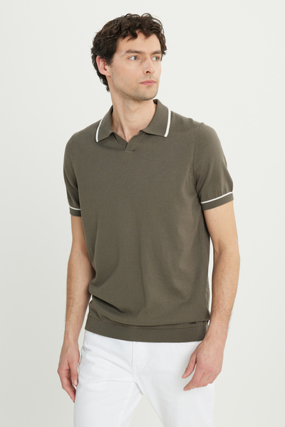 ALTINYILDIZ CLASSICS Men's Khaki 100% Cotton Standard Fit Regular Cut Polo Neck Knitwear T-Shirt