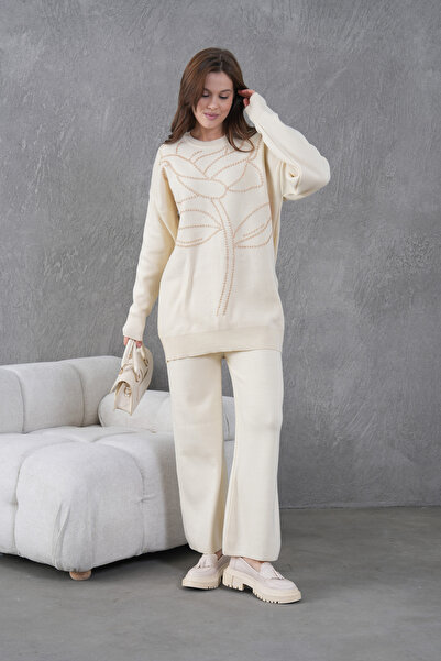 Miss Allos Women's Front Beaded Wide-Fit Knitwear Sweater and Pants Bottom-Top Set