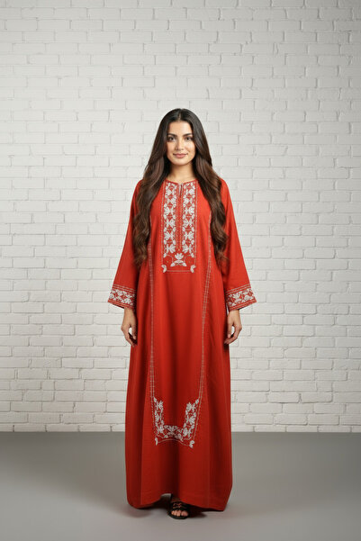 Ease of Wear Burnt Orange Embroidered Satin Silk Kaftan