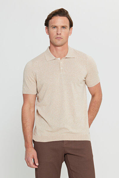 ALTINYILDIZ CLASSICS Men's Beige Cotton Linen Standard Fit Regular Cut Polo Neck Knitwear T-Shirt