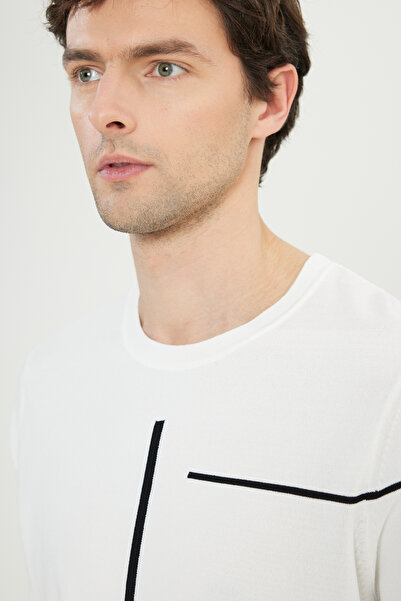 ALTINYILDIZ CLASSICS Men's Ecru Standard Fit Regular Cut Crew Neck Jacquard Knit T-Shirt