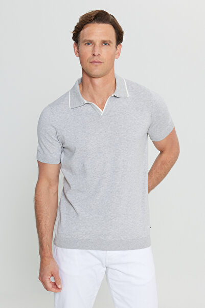 ALTINYILDIZ CLASSICS Men's Light Grey-Melange 100% Cotton Standard Fit Regular Cut Polo Neck Knitwear T-Shirt