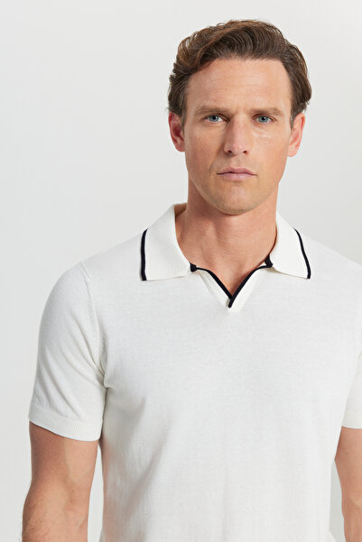 ALTINYILDIZ CLASSICS Men's White 100% Cotton Standard Fit Regular Fit Polo Neck Knitwear T-Shirt