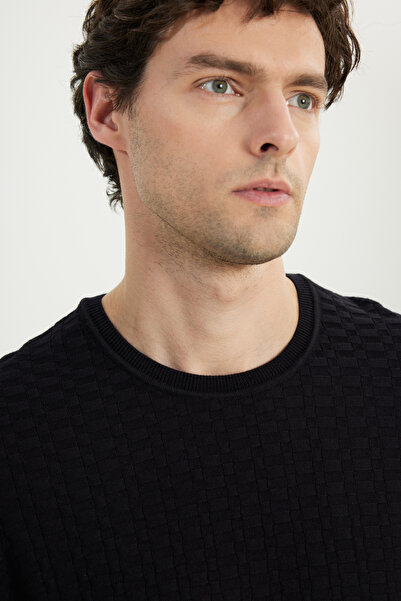 ALTINYILDIZ CLASSICS Men's Black Cotton Standard Fit Regular Cut Crew Neck Jacquard Knit T-Shirt