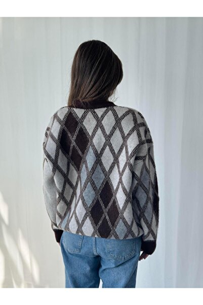 Retrobird Baklava Pattern Fleece-Lined Cardigan Women's Brown-Beige