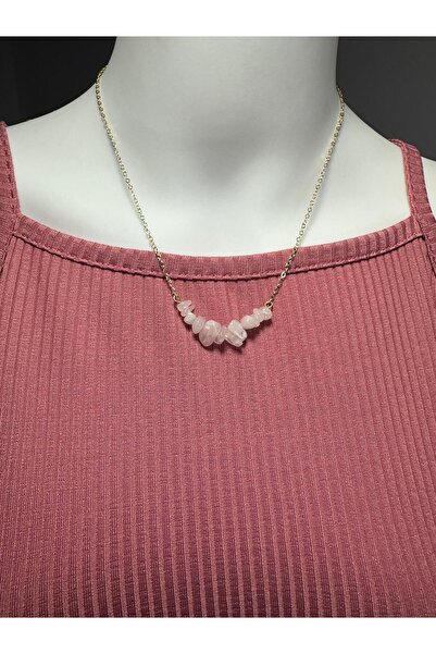Uno Di Famiglia Pink Quartz Natural Stone Necklace, Natural Cracked Stone Nec...