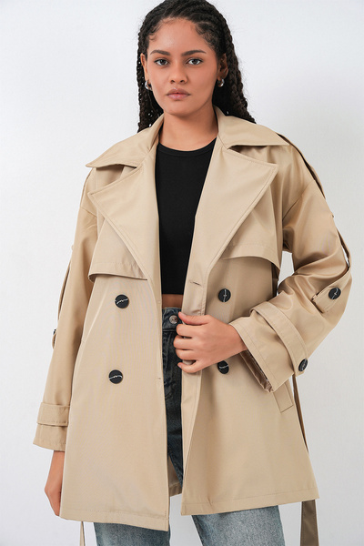 Bigdart Women's Belted Short Trench Coat 5974 - Beige