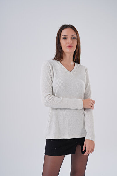 HOFY 1246 Large Size Soft Knitwear Ribbed Knit V-Neck Blouse