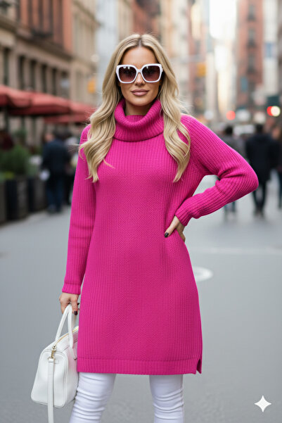 Millionaire Women's Fuchsia Pink Degaje High Neck Thick Knit Italian Sleeve Y Slit Long Tunic Dress Knitwear Sweater