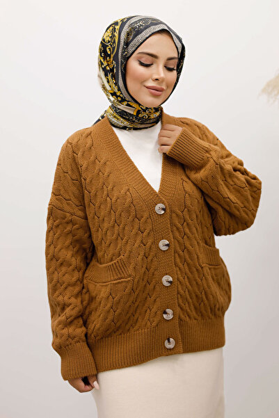 Tesettür Dünyası Buttoned Pocketed Knitwear Cardigan Tsd250225 Tan