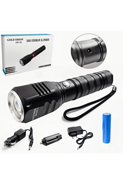 Goldorion OR-83 Ultra Güçlü Zoomlu Metal El Feneri - Şarjlı, Su Geçirmez ve A...