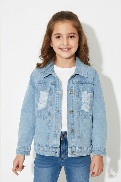 BY WORRN Kız Çocuk %100 Pamuk 5 - 10 Yaş Taşlamalı Yırtıklı Trend Kot Ceket