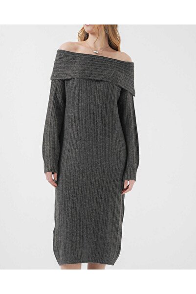 Modamorfo 15920 Madonna Collar Oversize Knitwear Dress - Anthracite