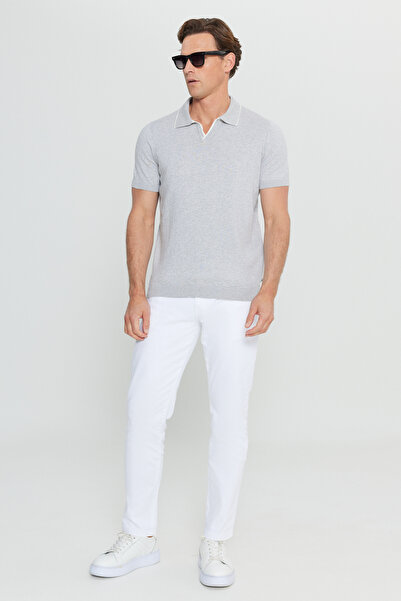 ALTINYILDIZ CLASSICS Men's Light Grey-Melange 100% Cotton Standard Fit Regular Cut Polo Neck Knitwear T-Shirt