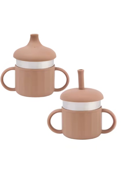 NO BRAND 3 in 1 Children's Cup - Stainless Steel & Silicone, Sippy Cup with 2 Lids (Straw and Spout), 220 ml