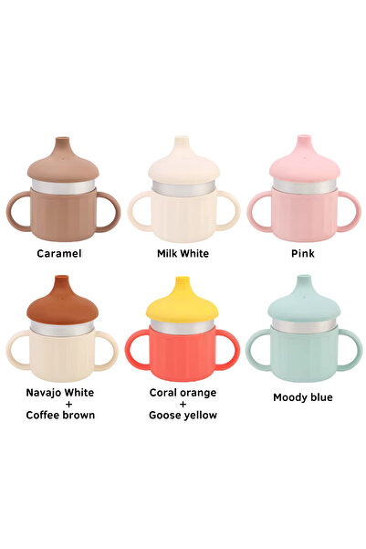 NO BRAND 3 in 1 Children's Cup - Stainless Steel & Silicone, Sippy Cup with 2 Lids (Straw and Spout), 220 ml