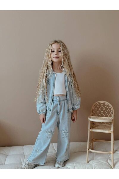 YİGİT BUTİK Set pentru fetiță cu fermoar, cu model de fundă din denim