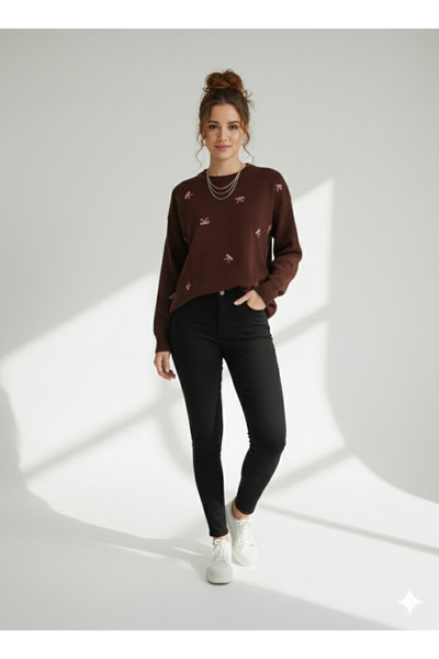 ribana Pulover tricotat cu guler rotund fire pentru femei, cu detaliu cu fundă