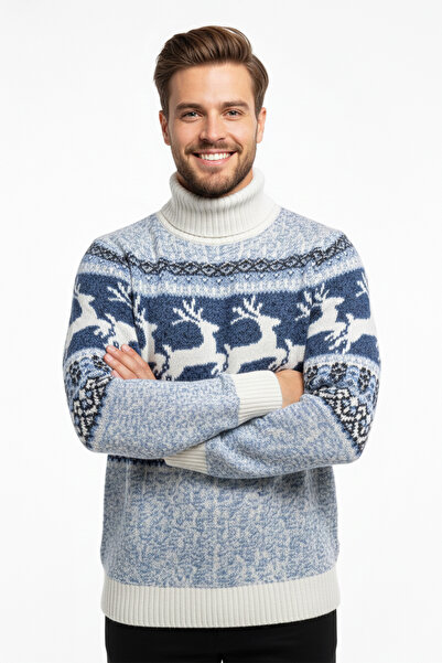 Pulltonic Мъжки пуловер с деколте тип „рибарска яка“ и мотив на елен, с колед...