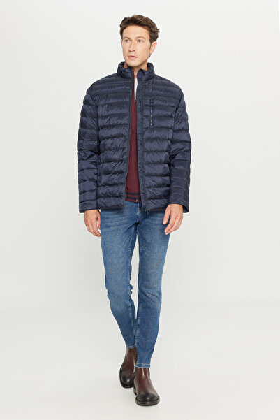 ALTINYILDIZ CLASSICS Ανδρικό παλτό casual σε μπλε ναυτικό χρώμα, κανονική εφαρμογή, κανονική εφαρμογή, με ψηλός λαιμός πλαϊνές τσέπες