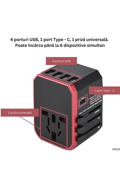 OEM Adaptor universal de călătorie — 4x USB + 1x USB-C 3.0A, Roșu mat/Negru