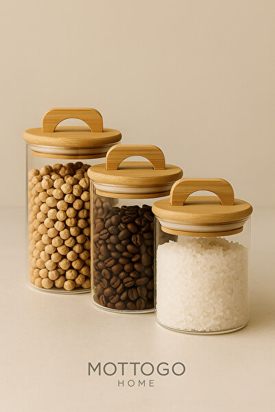 Mottogo Bamboo Vacuum Lid 3-Piece Jar Set - 370 ml / 650 ml / 950 ml – Airtight Storage Container