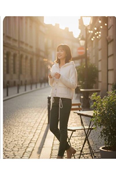 Koçer Triko Modern White Hooded Cardigan with Soft Texture