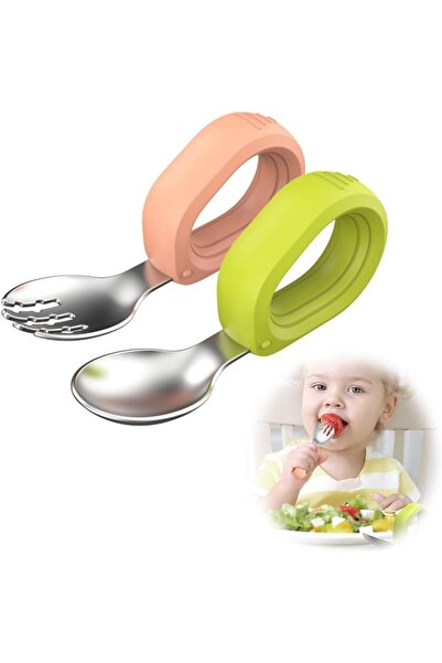 Generic Azoni Toddler Flatware Set - Stainless Steel Fork & Spoon with Circular Silicone Handle (Orange & Gr
