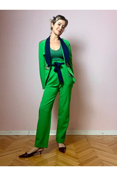satya Green Navy Blue Pant Suit with Beadwork Detailing
