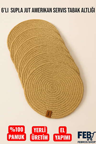 Febros 6-Piece Jut Supla American Dinner Set – 100% Cotton, Handmade, Non-Slip Round Plate Coasters