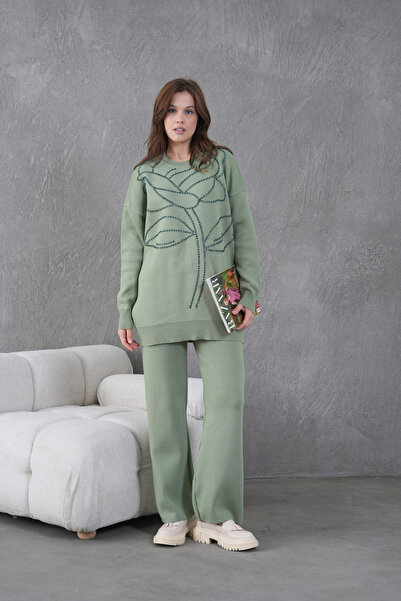 Miss Allos Women's Front Beaded Wide-Fit Knitwear Sweater and Pants Bottom-Top Set