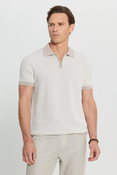 ALTINYILDIZ CLASSICS Men's Beige 100% Cotton Standard Fit Regular Cut Polo Neck Jacquard Knit T-Shirt