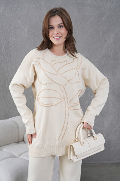 Miss Allos Women's Front Beaded Wide-Fit Knitwear Sweater and Pants Bottom-Top Set