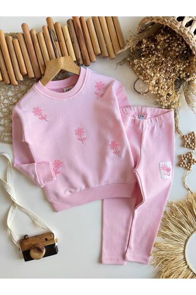 NOBLEKIDS طقم بناتي وردي اللون مطرز بالزهور – سويت شيرت وسروال ضيق، للأعمار م...