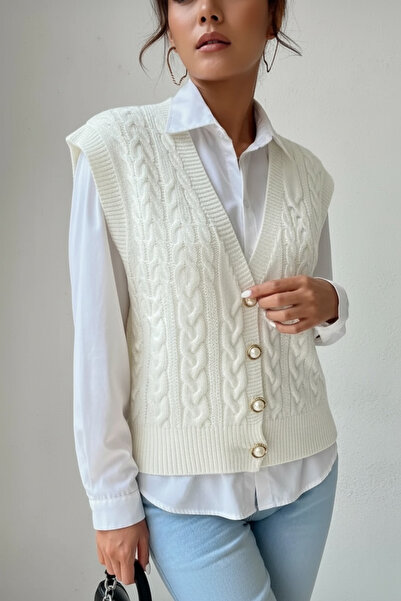 NEWCO В'язаний детальний V-подібний комір з перловими ґудзиками Модний трикотажний жилет Жіночий светр