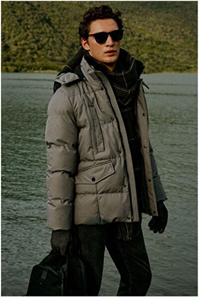 ALTINYILDIZ CLASSICS Standard Fit Regular Cut Coming Out Hooded Quilted Patterned Gray Coat