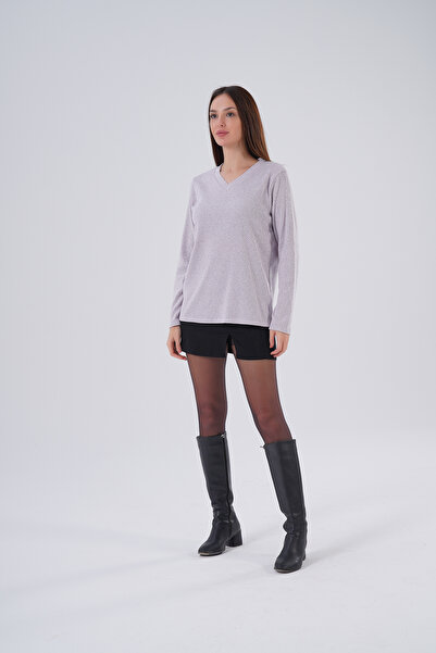 HOFY 1246 Large Size Soft Knitwear Ribbed Knit V-Neck Blouse