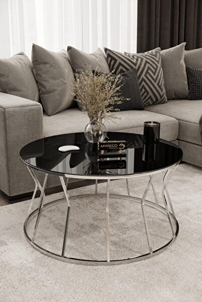 MYDECO Kum Saati Orta Sehpa Gümüş Kaplama Siyah Ayna