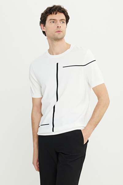 ALTINYILDIZ CLASSICS Men's Ecru Standard Fit Regular Cut Crew Neck Jacquard Knit T-Shirt