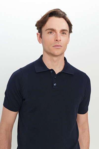 ALTINYILDIZ CLASSICS Men's Navy Blue 100% Cotton Standard Fit Regular Cut Polo Neck Jacquard Knit T-Shirt