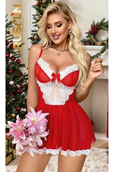 Pi Giyim Yılbaşı Temalı Kırmızı Beyaz Kadın Gecelik