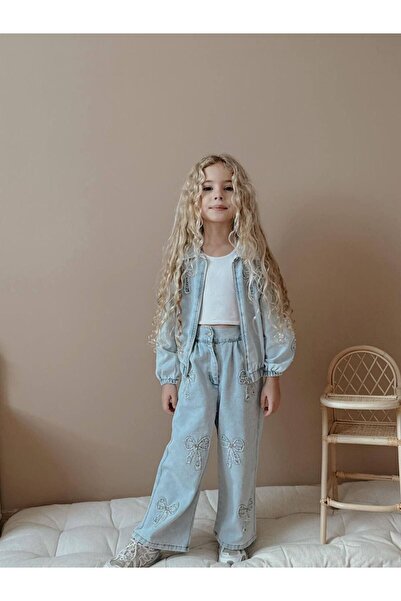 YİGİT BUTİK Set pentru fetiță cu fermoar, cu model de fundă din denim