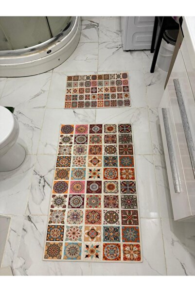 Charmbi Tile Patterned Colorful 2-Piece Bathroom Mat Set Non-Slip Base Machine Washable