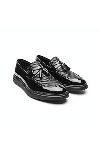 BAL ALTINÖKÇE AYAKKABICILIK Men's Patent Leather Shiny Black Flat Classic Shoes Casual Wedding Engagement Shoes Metal Tassel