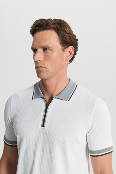 ALTINYILDIZ CLASSICS Men's Ecru Standard Fit Regular Cut Polo Neck Dobby Knit T-Shirt