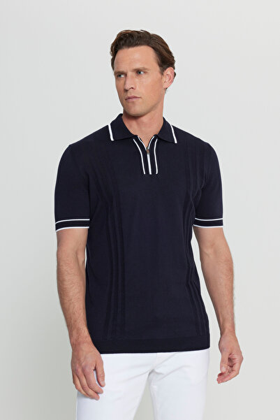ALTINYILDIZ CLASSICS Men's Navy Blue 100% Cotton Standard Fit Regular Cut Polo Neck Jacquard Knit T-Shirt