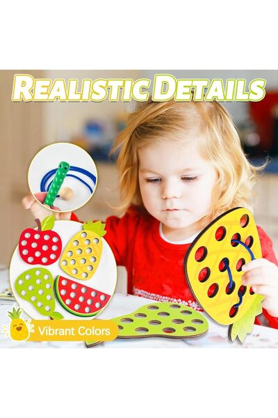 Generic 4-piece wooden fruit lacing toy set for toddlers (pineapple, pear, apple, watermelon)