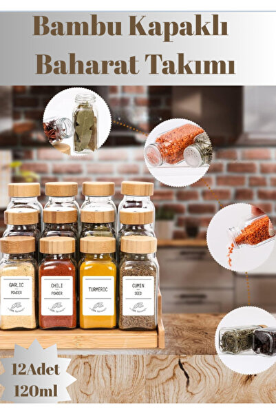 Flash Bazaar 12-Piece Square Glass Spice Jar Set with Bamboo Lids / 12 Pieces with Labels as a Gift / 12-Piece Spice Jar Set