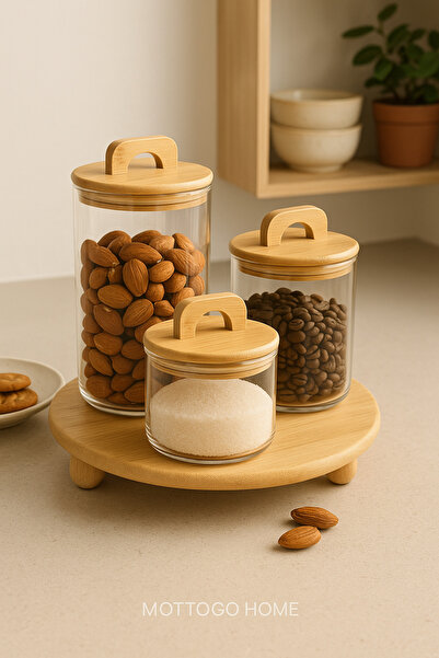 Mottogo 3-Piece Glass Jar with Bamboo Lid – with Bamboo Stand | Air Protected – 370ml + 650ml + 950ml